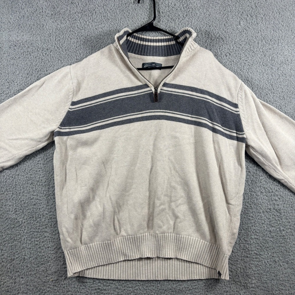Eddie Bauer Mens 2XL Striped Quarter Zip Pullover Sweater Beige Gray Mock Neck